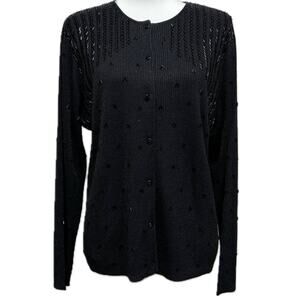VTG Biline Canada Fancy Embellished Silk Metallic/Sequins Cardigan Women L Black